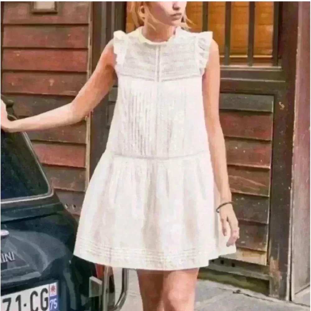 Altar'd State White Lace Pintuck Sleeveless Tiered Boho Mini Dress Medium - Picture 2 of 11